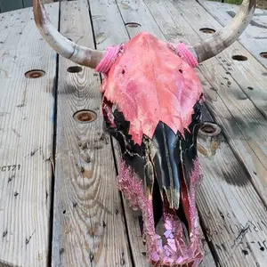 Hand Decorated Authentic Bull Skull with Vibrant Pink Accents and Natural Horns for Unique Decor