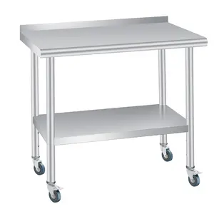 [fathers day gift]New Upgraded Utility Tables Durable 201 Stainless Steel Workbench with Rounded Corner Edges, Backboard, and Wheels - 85cm High for Versatile Industrial Use