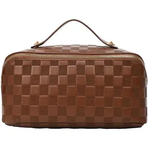Portable Travel Cosmetic Bag - Plaid Checkered PU Leather Large Capacity Waterproof Toiletry Bag with Zipper & Handles for Makeup & Skincare Products(Sheets)
