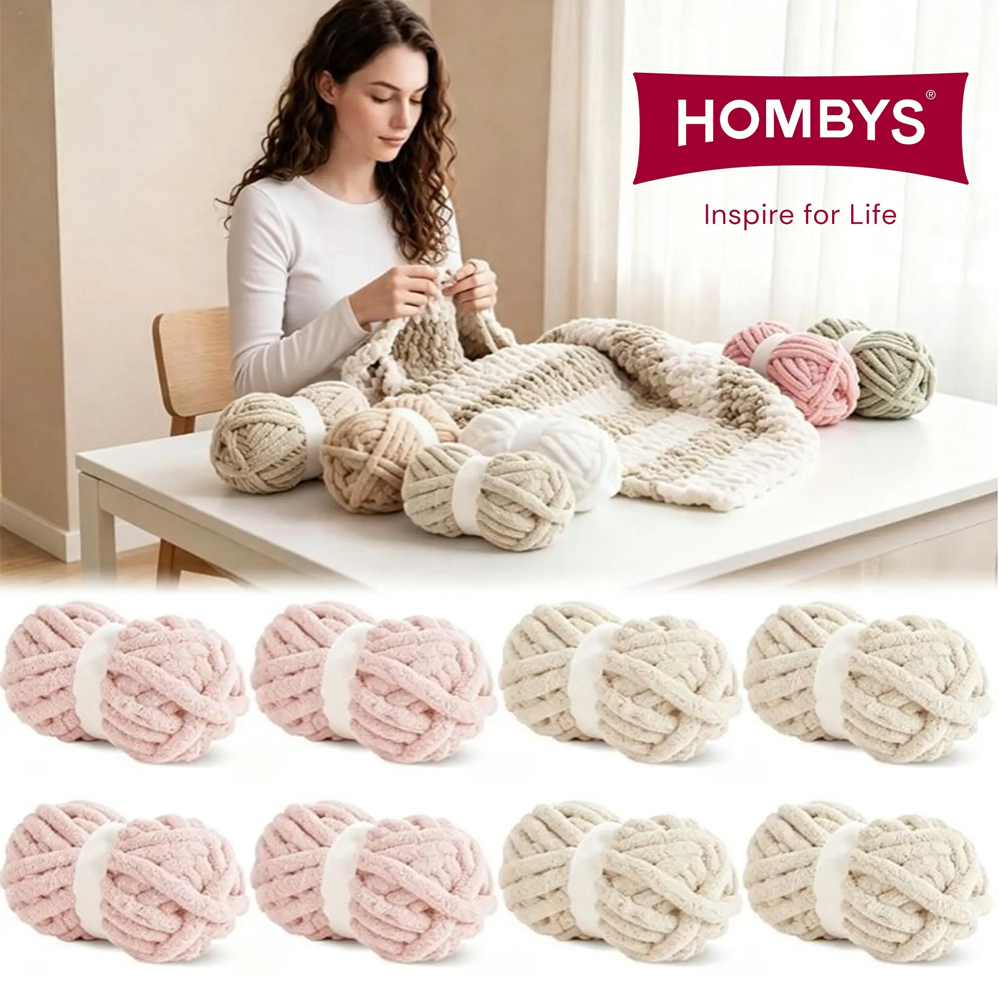 HOMBYS 8 Pack  Chunky Chenille Yarn for hand knitting–Super Soft Jumbo Yarn for Crochet, Hand Knitting Blankets, Pillows & DIY Crafts-Extra Soft Bulky Fluffy