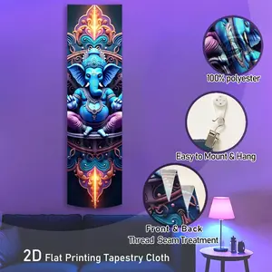 1pc Tapestry Ganesh Mandala Vertical Blacklight Tapestry Blue God Long Luminous Wall Tapestries for Bedroom Golden Glow in The Dark Decorative Wall Hanging Hinduism Art UV Reactive Home Decor for Living Room Dorm Unique Gifts for Friends﻿