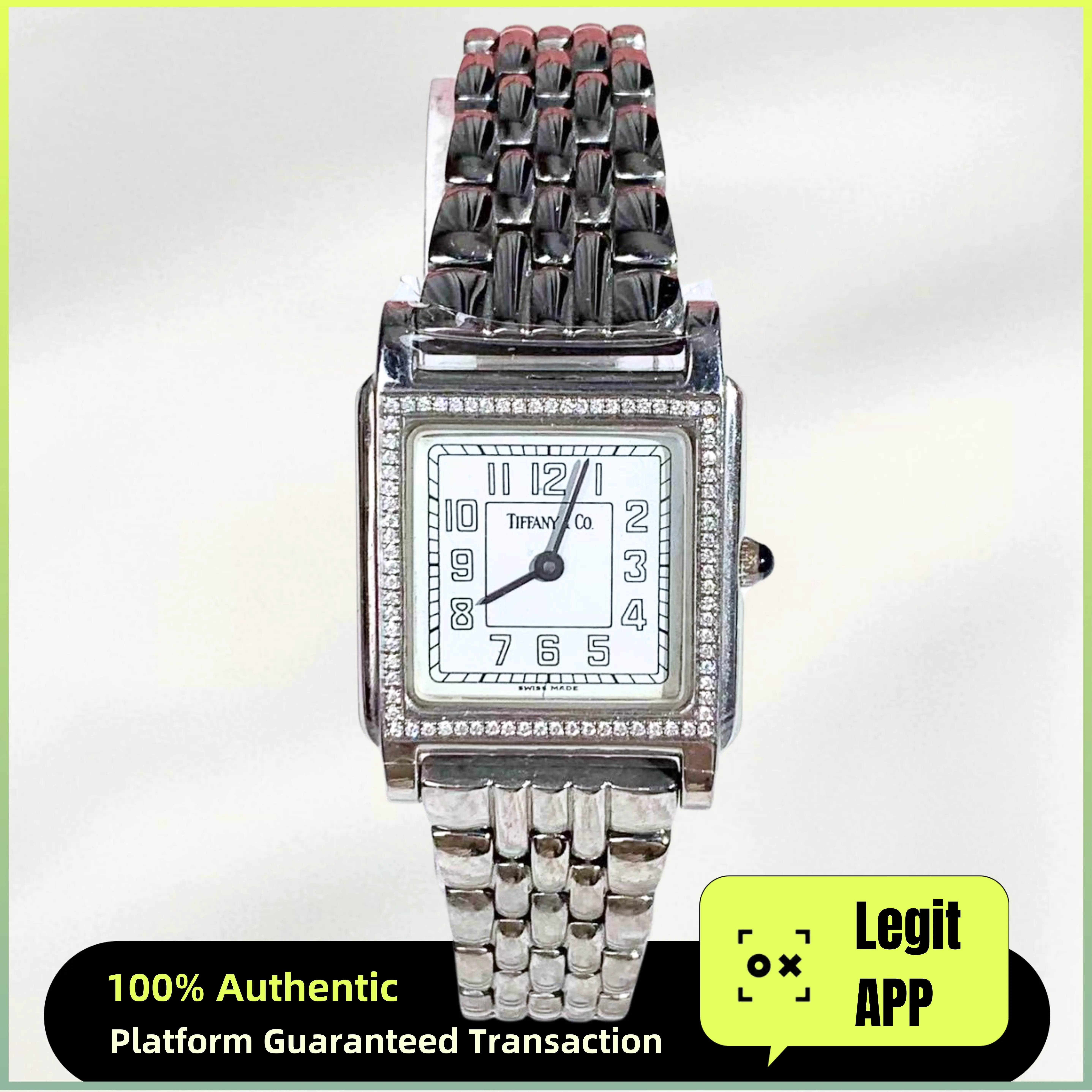 Tiffany&CO Vintage Stainless Steel Square Shape 25mm White Dial Custom Diamond Bezel Ladies Watch 11907011