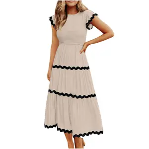 Women's Summer Flutter Short Sleeve Smocked Midi Dress Casual High Waist Rickrack Tiered Flowy Dresses summer outfits dresses summer white dress