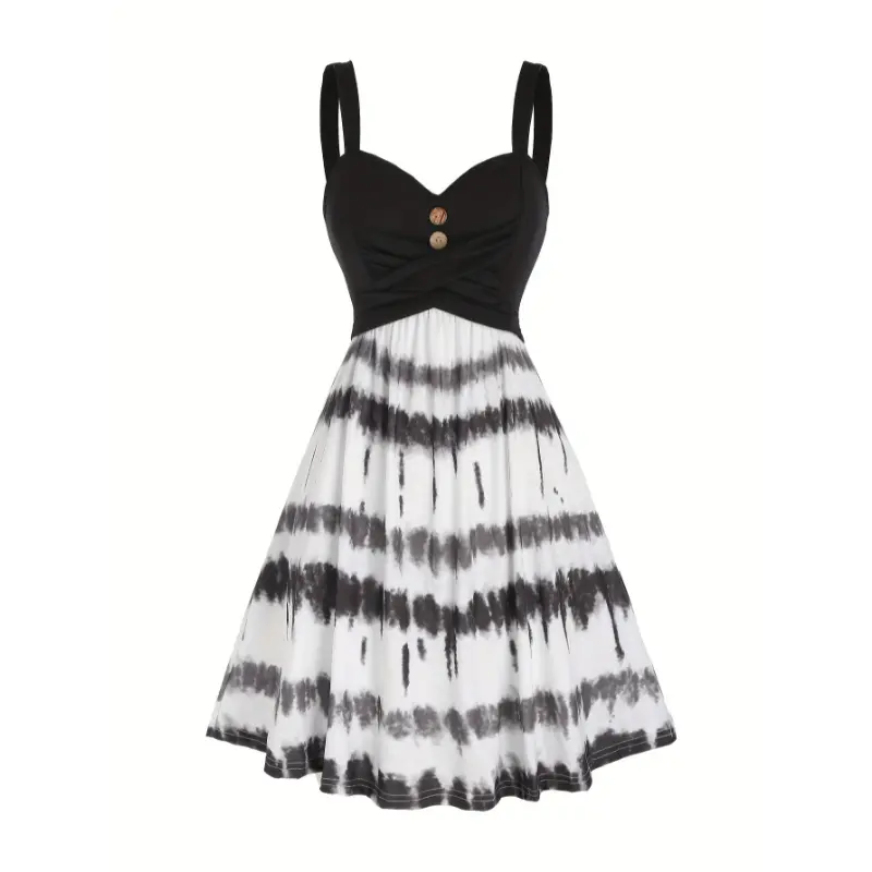 Tie Dye Print Fake Button Dress, Casual Sleeveless Backless For Summer, Women's Clothing