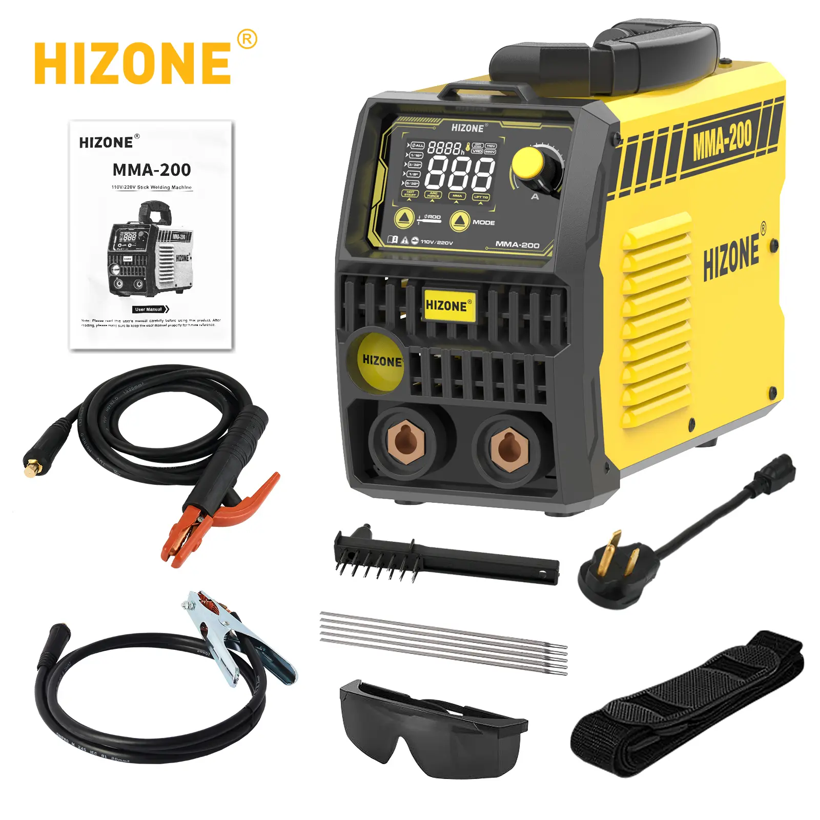 HIZONE 2-in-1 MMA-200 Large LED Display Mini Welder, MMA TIG Multifunction Welder, Current up to 200A, Recommended 2.5mm Welding Rod, Suitable for Industrial, Home, and Automotive Repair