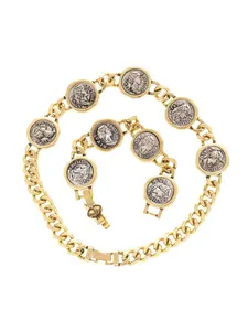 Retro ancient coin-style high-end elegant vintage gold aged women's ancient coin necklace, bracelet, earrings and ring set Vintage Jewelry Set