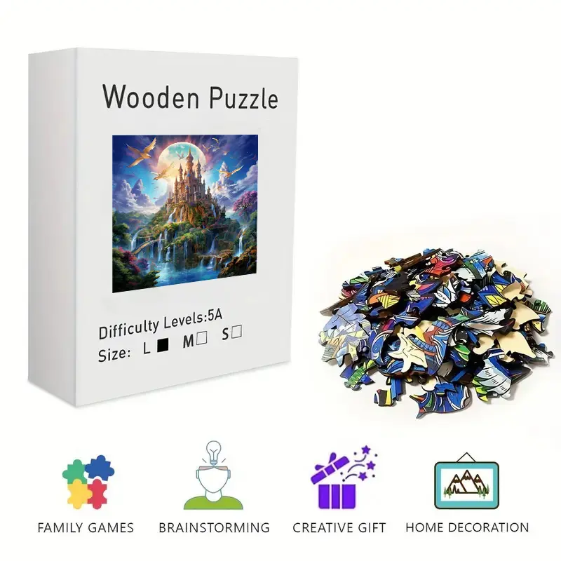 Enchanted Castle Wooden Jigsaw Puzzle for Adults & Kids - Challenging Irregular Shapes, Fantasy Landscape Puzzle, Stress Relief Brain Teaser, Framable Wall Art & Home Decor