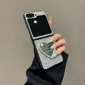 Luxury Sparkling Starry Sky Leather Phone case for Samsung Z Flip7 6 5 4 3 5G anti drop Hard PC Shell With love Heart Make up Mirror Glitter powder Protective Cover Accessories
