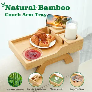 Bamboo Couch Cup Holder, 4 in 1 Couch Arm Trays with 360°Rotated Phone Holder, Non-Slip Clip on Side Table for Drinks/Remote/Snacks, Ideal Gift for Husband, Wife, Parents sofa small coffee lap caddy foldable leg stand