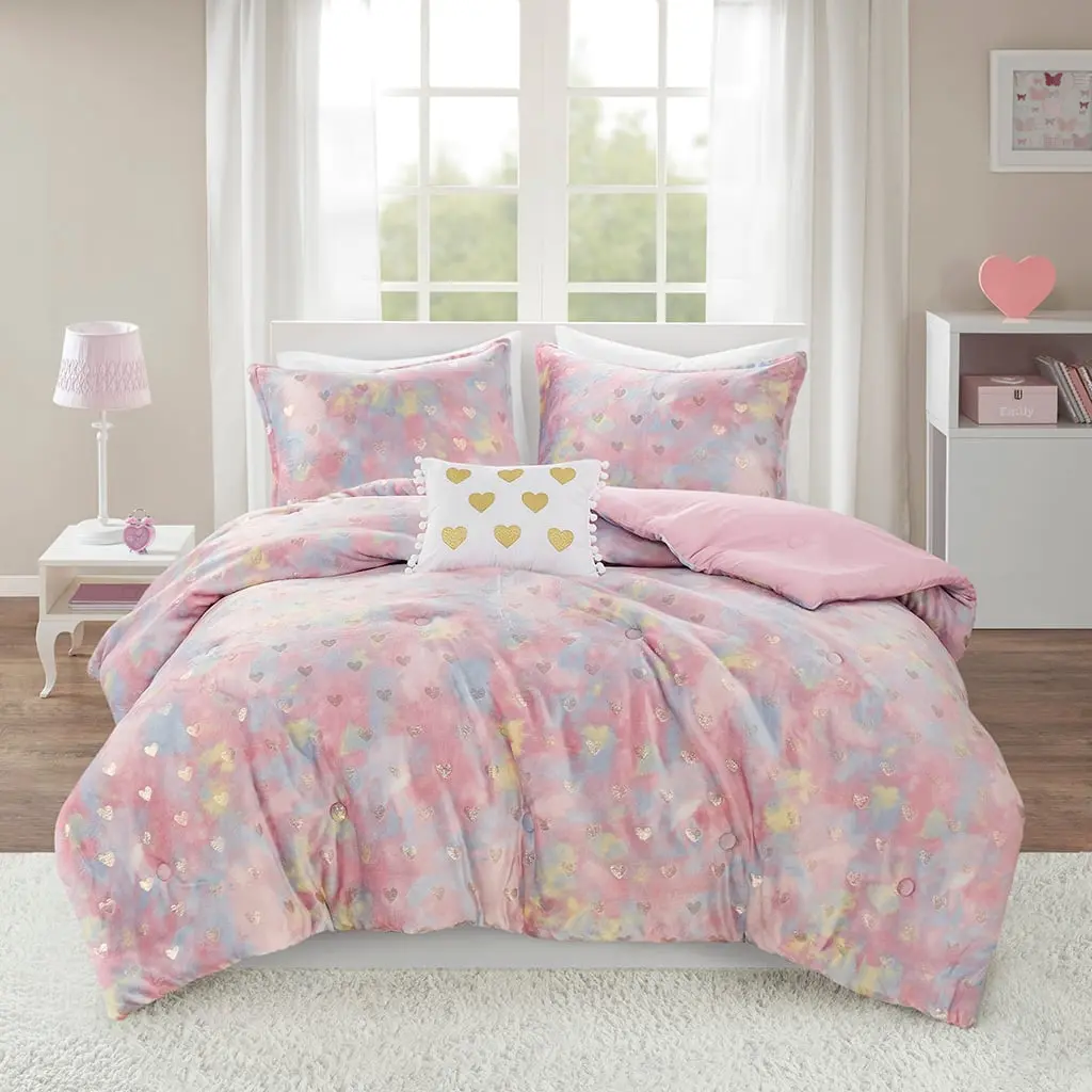 360 Stand Rosalie Metallic Printed Plush Comforter Set with Throw Pillow, Full & Queen Size, 86x90x1in, Pink & Gold, Plush Fabric, Hypoallergenic Polyester Fill, Bed Cover Set, Cozy Setup, Pink Bedding Set, Full Size Bed