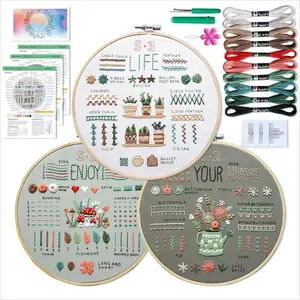 Pack of 3 Beginner Stamped Flower Patterns Embroidery Kits,DIY Adult Plant Kits Learn 33 Different Stitches,Rings,Colored Threads, Tools, Easy To Follow Instructions