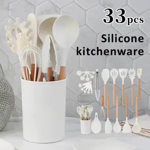 33-Piece Complete Silicone Baking Utensils Set with Holder:Your All-in-One Kitchen & Baking Essential.This non-stick safe set is heat-resistant and dishwasher safe for ultimate ease.The included storage caddy keeps your kitchen organized Kitchenware White
