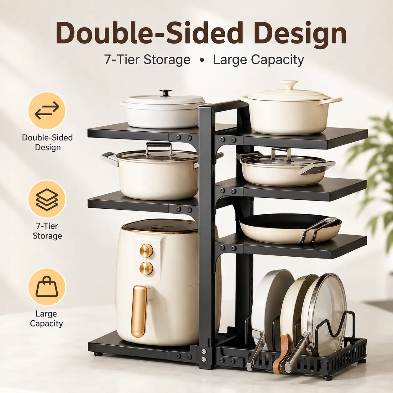 Adjustable Pot and Pan Organizer Rack, Multi-Tier Double-Sided Cookware Storage Shelf with Detachable Lid Holder for Kitchen Cabinet, Countertop and Under Sink Storage