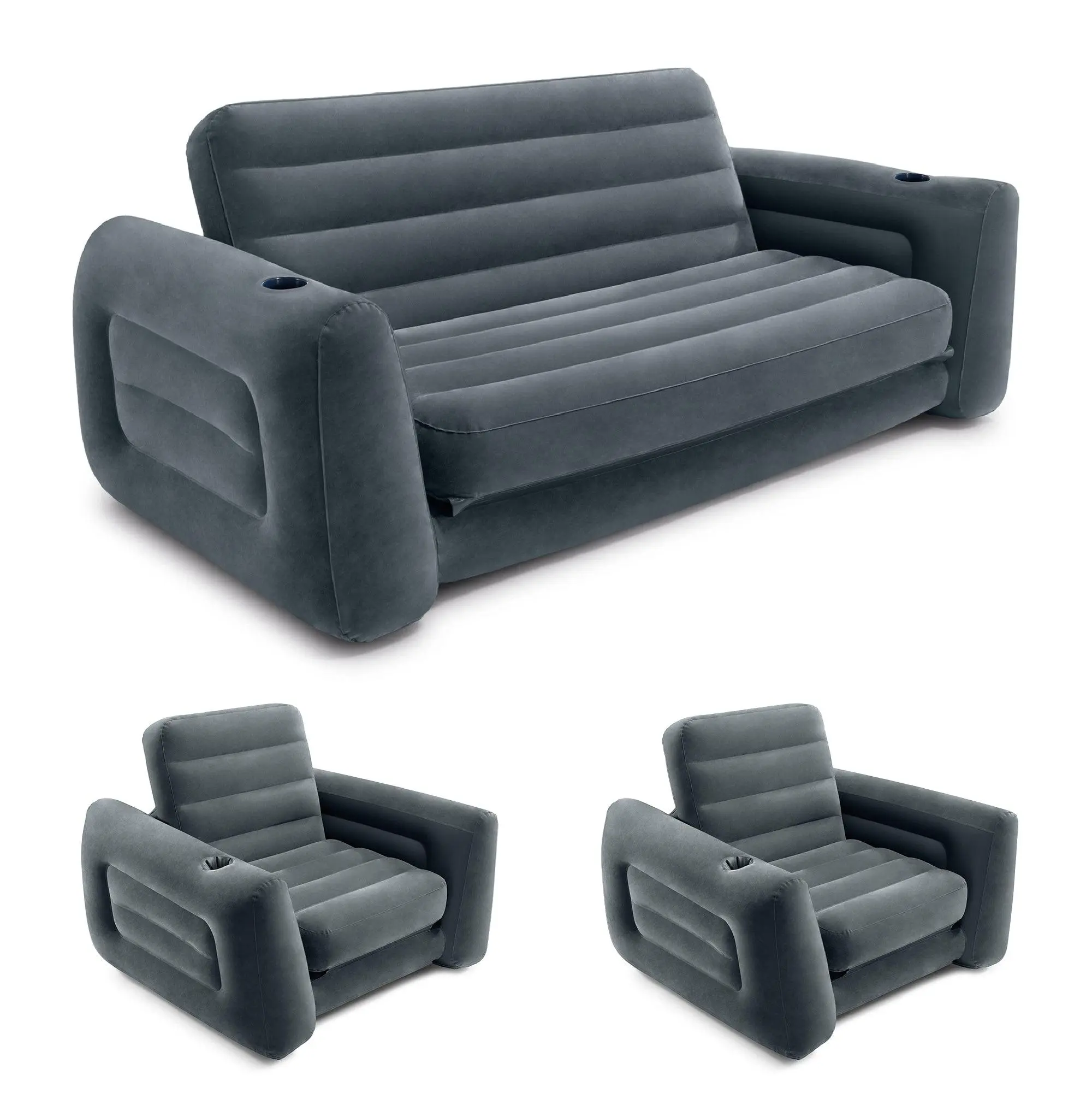 Intex Queen Size Inflatable Pull-Out Sofa Bed Couch and Chair Sleeper, Dark Gray