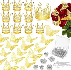 202PCS Bouquet Wedding Corsages Pins for Flowers 84PCS 7 Styles Gold Butterfly Decorations Flower Bouquet Accessories Mini Tiara Crown Bouquet Corsage Pins Crowns for Flower Arrangements