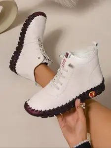 New Simple Style Short Boots, Lace-Up Design, Comfortable Fit, Casual Daily Wear, Above Ankle Below Knee, PU Leather, Fall & Winter, Women
