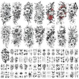 79 Sheets Temporary Tattoos for Adult Women, 15 PCS Large Black Flowers Fake Tattoos Sleeves, 3D Realistic Semi Permanent Tattoo Stickers, Small Sexy Tatuajes Temporales