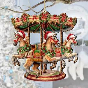 212 MAIN Handmade Wood Christmas Carousel Ornaments - 5x5.5x0.25 in Handcrafted Artistic Weatherproof Wooden Decoration, Indoor/Outdoor Festive Holiday Home Gift, Handmade Ornament