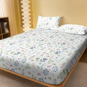 Flower Print Fitted Sheet, 1 Count Soft and Comfy Bedspread Bedding for Bedroom without Pillowcase