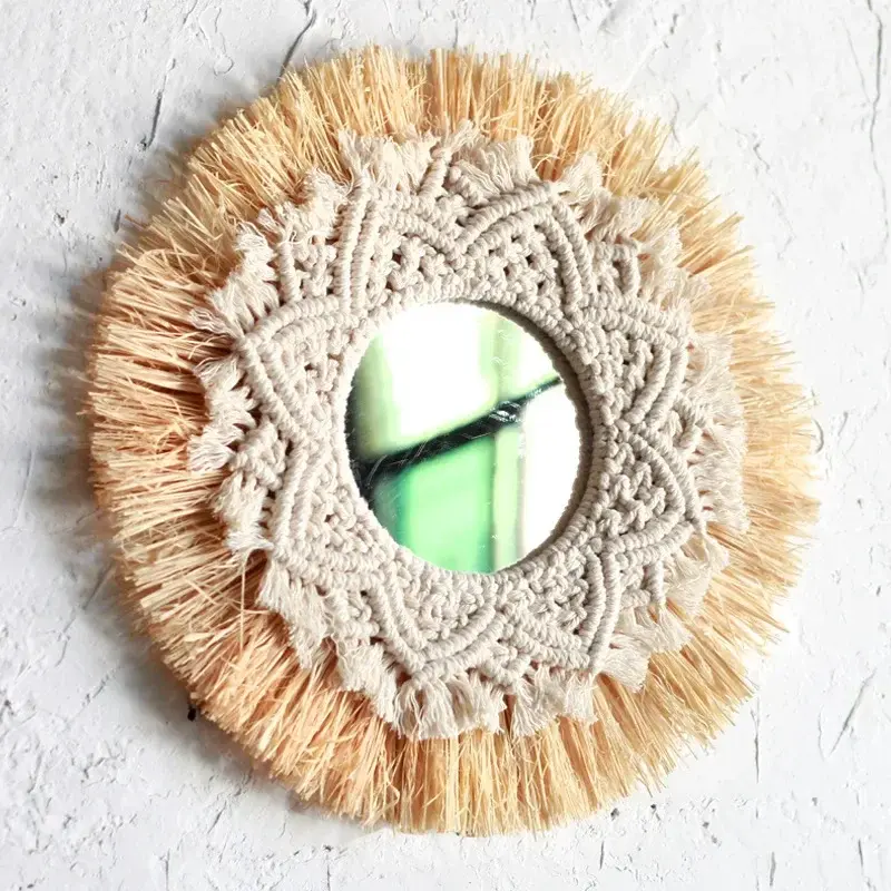 Boho Macrame Wall Mirror - Handwoven Fringe Round Mirror
