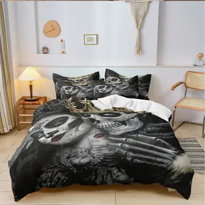3-Piece Couple Skull Decorative Bedding Set, 1 Fitted Sheet + 2 Pillowcases (no Core), High-Definition Print, All-Year Home & Bedroom Use