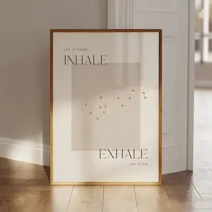[UNFRAMED POSTER] A Modern Minimalist Mindfulness Poster - "Inhale As It Comes, Exhale As It Goes" Yoga And Meditation Wall Art, Printed on Canvas with Golden Text, Vertical Unframed Inspirational Decor, Suitable for Bedroom, Living Room, Office, Bathroom