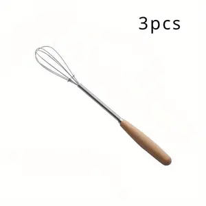 3pcs, Whisk with Solid Wood Handle, Kitchen Mini Stainless Steel Egg Beater, Milk Whipper Wire Whisk for Blending, Whisking, Beating, or Stirring, Baking Tools