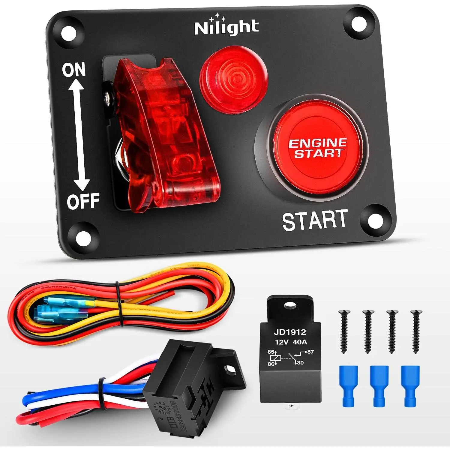 Nilight Ignition Switch Panel 12V 2 in 1 Rocker Switch with Engine Push Button Toggle Switches with Relay Wiring Harness LED for RV Truck Racing Car Boat Marine Trailer