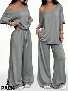 Women's Summer Minimalist Street Style Basic Daily, Comfortable Off-Shoulder T-Shirt + Wide Leg Sports Pants Set, Athleisure Outfit