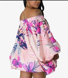 Casual Lantern Dress - Off Shoulder, Long Sleeve, Floral Pattern, Summer Wear, Comfortable Fit