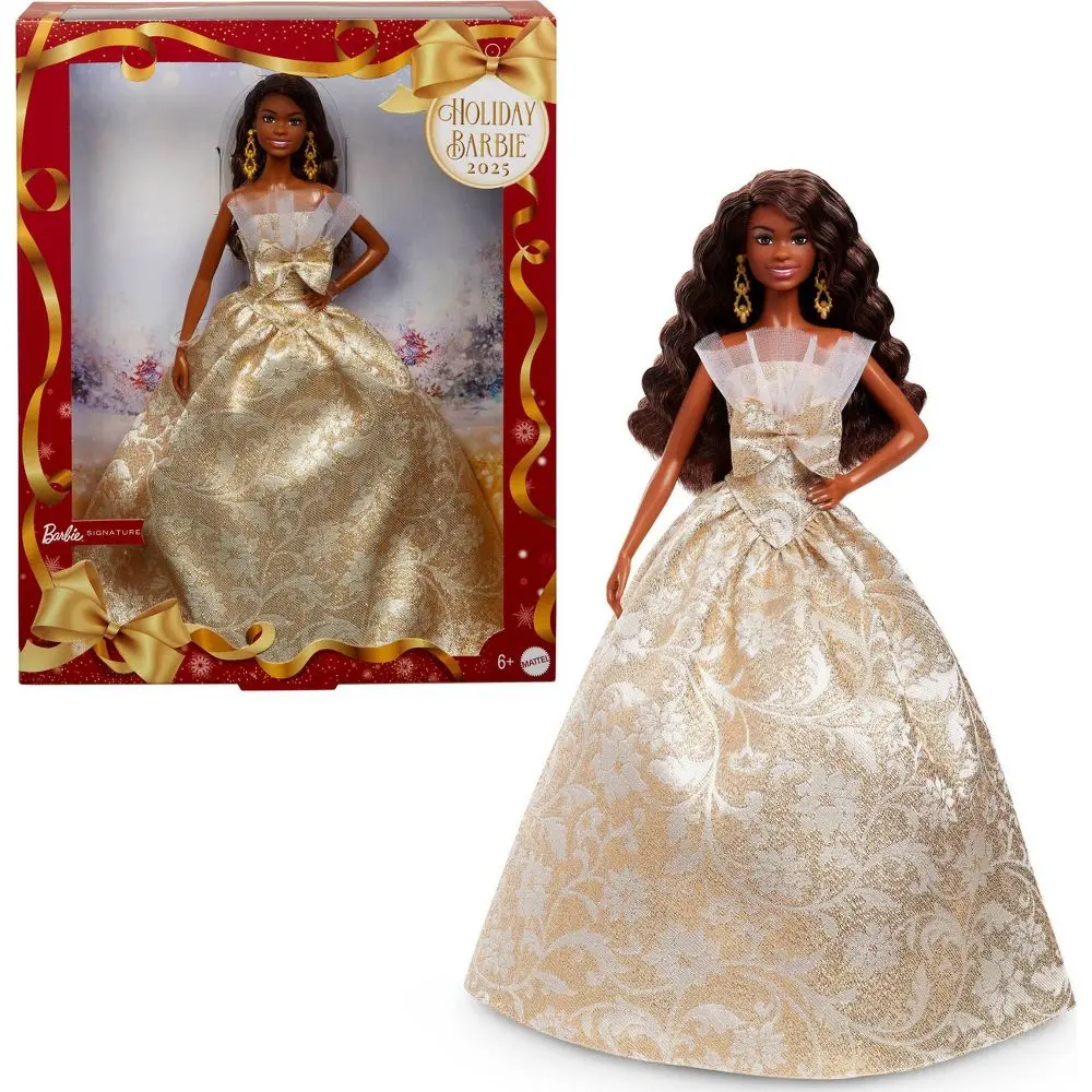 2025 Collector's Ed Holiday Barbie Fashion Doll w/ Black Hair & Silver Gold Gown