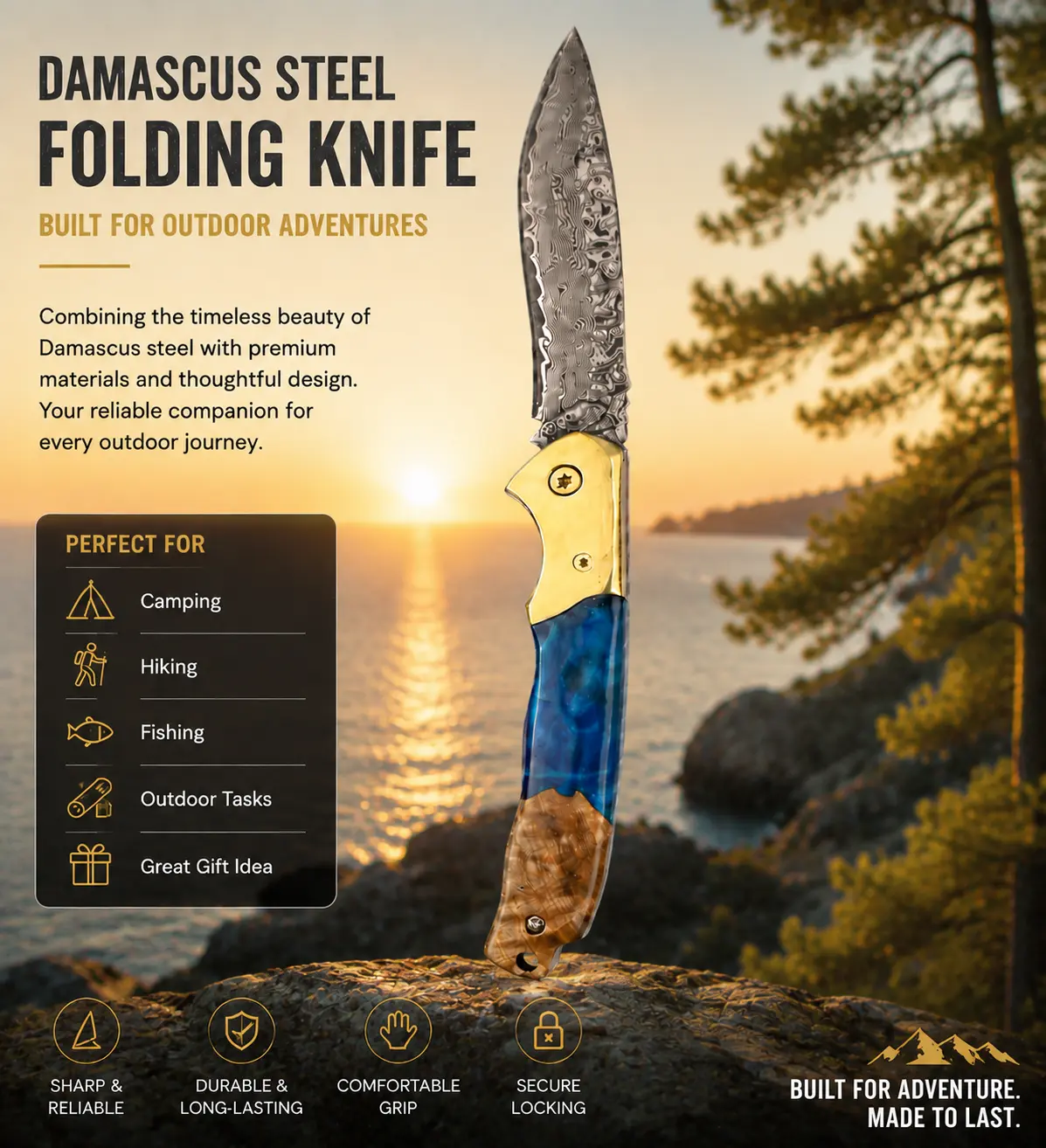 Damascus Folding Knife, Resin&Wood Handle, Handmade