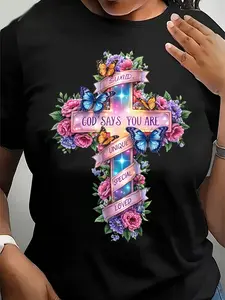 Women'S Christian Faith Theme T-Shirt- Floral Butterfly Cross Print with Inspirational Bible Verses(God Says You Are Loved, Especially Beautiful)- Breathable Short Sleeve Round Neck Casual Top, Comfortable Pullover
