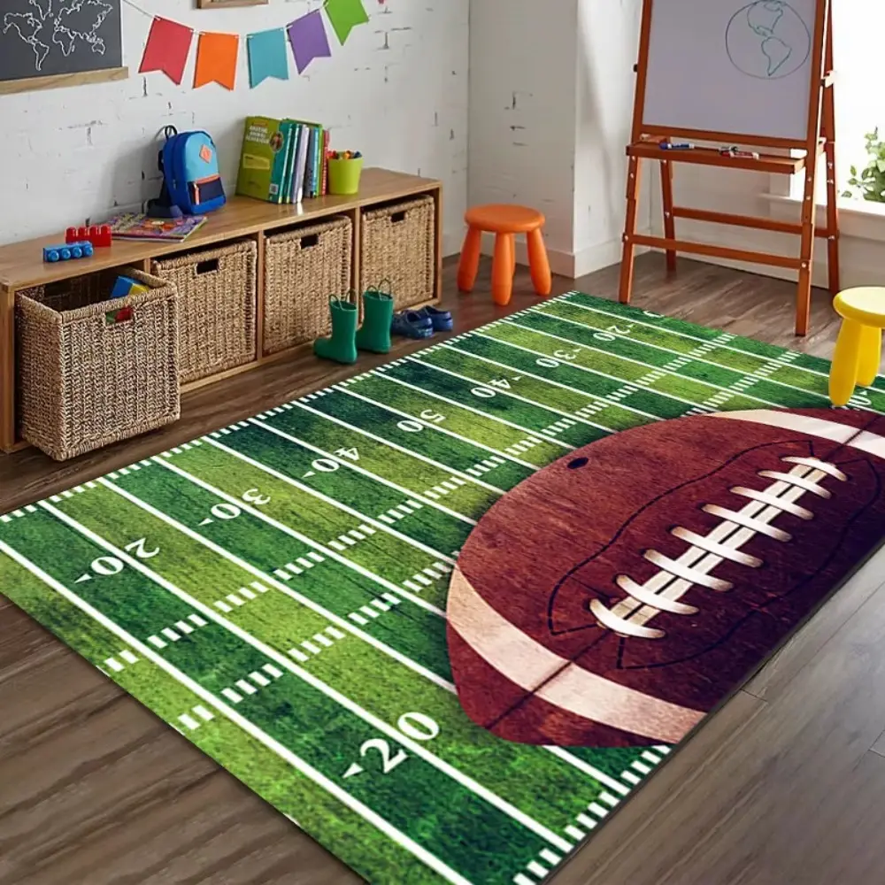 American Football Field & Ball Flannel Area Rug - Oversized Soft Plush Mat for Kids Playroom & Man Cave, Non-Slip Thick Sports Pattern Home Decor Rugs for Football Fans #FootballRug #GridironCarpet #KidsPlayMat #FlannelMat #NonSlipRug