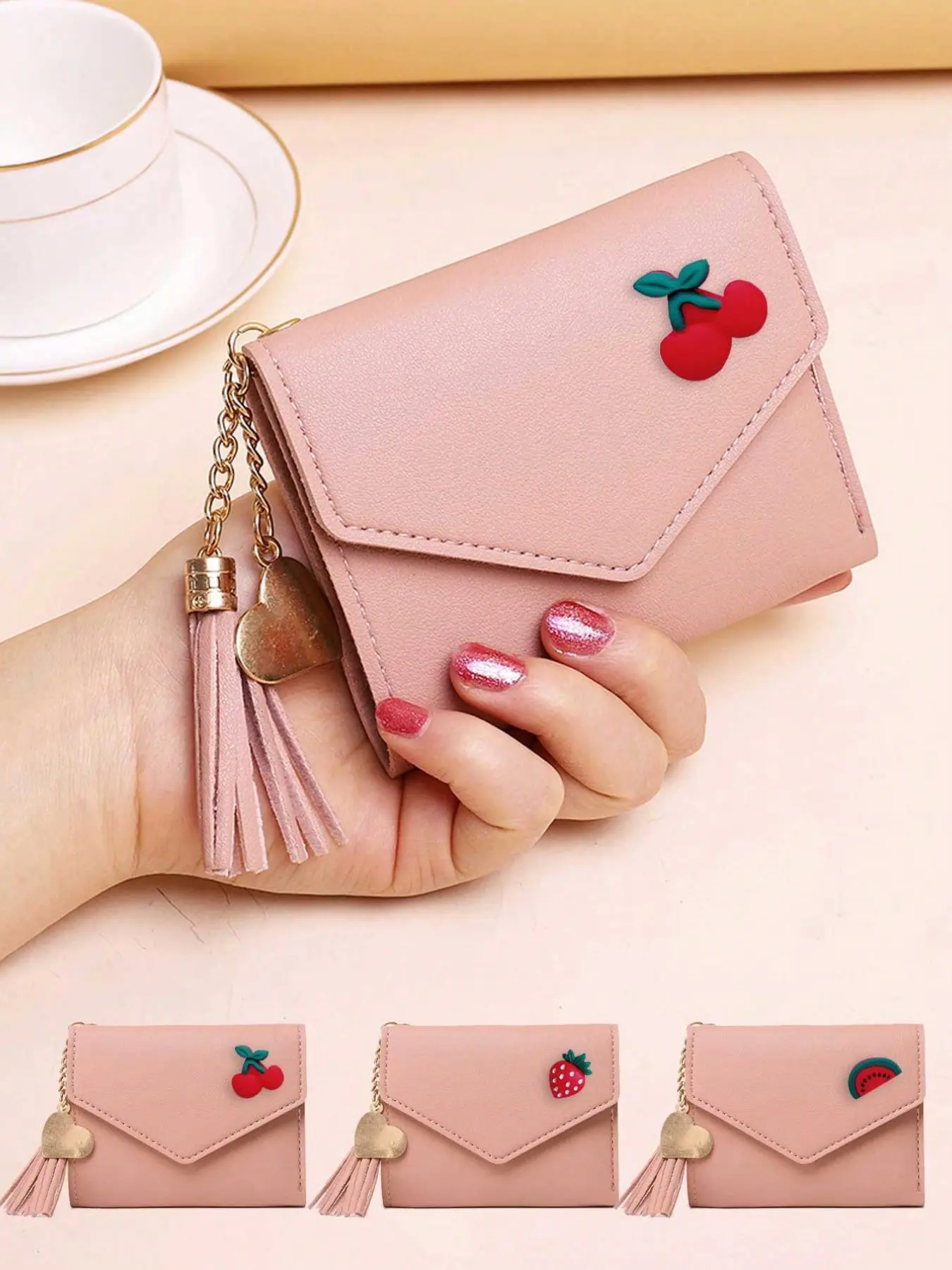 Fashion Fruit Pattern Short Wallet, Embossed and Tassel, Strawberry Cherry Watermelon Design, Women's Large Capacity Card Holder