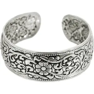 Carved Flower Cuff Bracelet for Women Fashion Open Upper Arm Wrist Band Stackable Wide Bangle Wristbands Adjustable Armlet Armband Bicep Bracelet Personalized Ethnic Statement