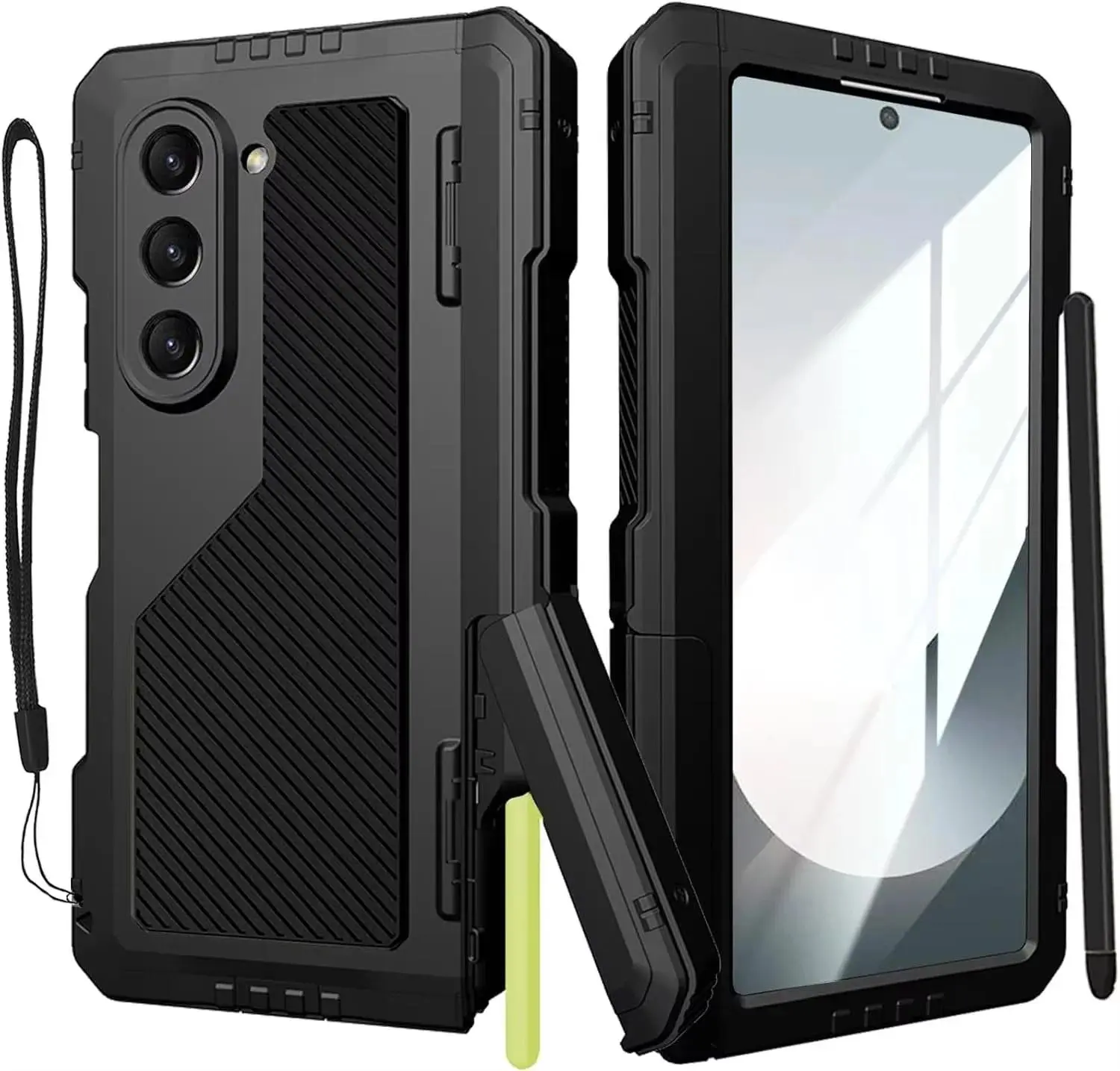 HAY Metal Protect Smartphone Case with Lanyard, Handheld Holder, Cloth for Samsung Z Fold 4 5 6 7 8 Ultra - Military Rugged Heavy-Duty Bumper, Kickstand Cover, Screen Protector, Protection