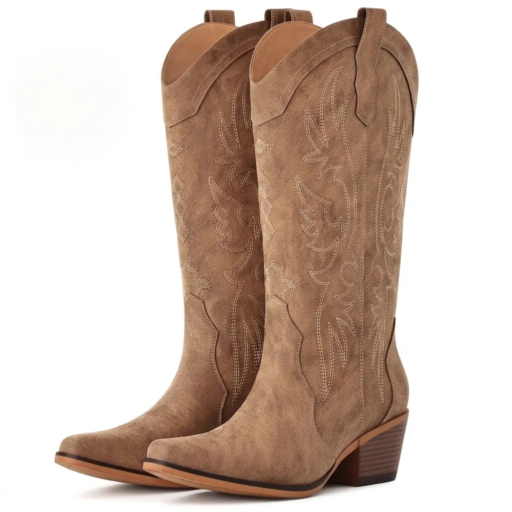 Eyriphy Women's Cowgirl Boots Western Cowboy Boots For Low Insteps Chunky Heel Mid Calf Boots Snip Toe With Retro Embroidery