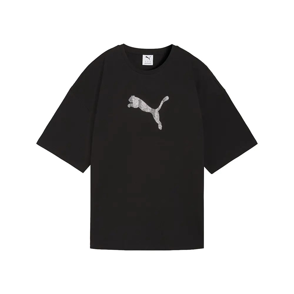 PUMA Womens Essentials Graphics Leo Luxe Bedazzled Oversized Crew Neck Short Sleeve Casual Tops Casual - Black