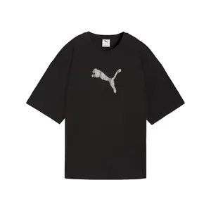PUMA Womens Essentials Graphics Leo Luxe Bedazzled Oversized Crew Neck Short Sleeve Casual Tops Casual - Black