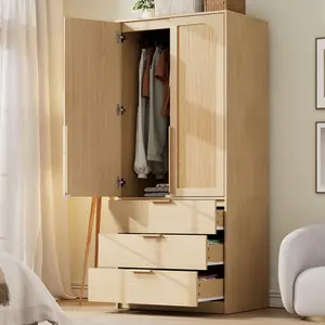70" Freestanding Bedroom Wardrobe, PB & MDF Board, Available in White, Black & Natural Wood, 2-Door Closet with Hanging Rod & 3 Drawers
