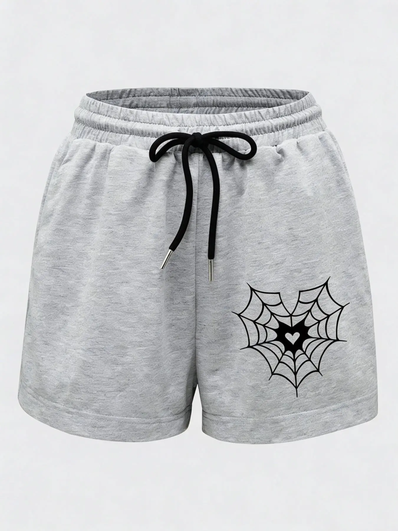 Heathered Gray Heart Spider Web Print Casual Sweat Shorts, Graphic Shorts, Elastic Drawstring Waist, Soft Breathable Fabric, Y2K Gothic Grunge Streetwear for Women & Teens, Perfect for Loungewear, Daily Wear & Summer
