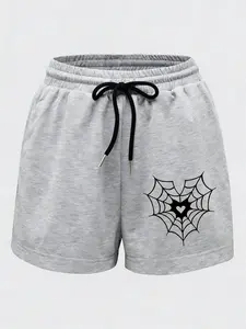 Heathered Gray Heart Spider Web Print Casual Sweat Shorts, Graphic Shorts, Elastic Drawstring Waist, Soft Breathable Fabric, Y2K Gothic Grunge Streetwear for Women & Teens, Perfect for Loungewear, Daily Wear & Summer