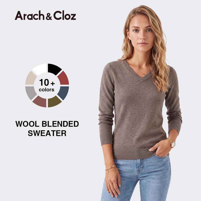 Arach&Cloz 2026 Womens Wool Blend Sweater Soft V Neck Long Sleeve Fashion Pullover Tops Business Casual Outfits