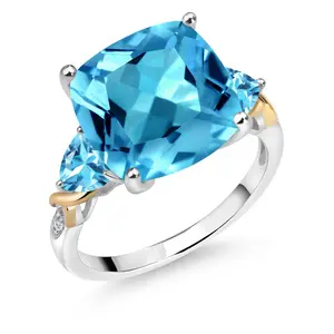 Gem Stone King 9.47 Cttw Swiss Blue Topaz and Diamond Ring For Women | 925 Silver and 10K Yellow | 12MM Cushion and 5MM Trillion | Gemstone Birthstone | Wedding Engagement Anniversary Ring