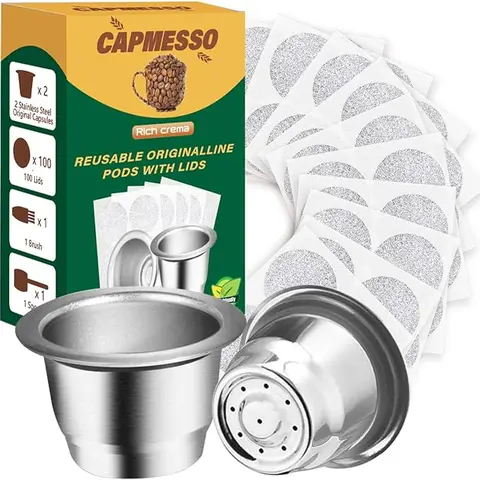 CAPMESSO Reusable for Nespresso OriginalLine, Refillable Coffee Pods Cups Compatible with Nespresso OriginalLine Brewer(2 Pods+100 Lids)