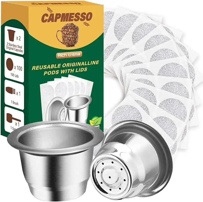 CAPMESSO Reusable for Nespresso OriginalLine, Refillable Coffee Pods Cups Compatible with Nespresso OriginalLine Brewer(2 Pods+100 Lids)