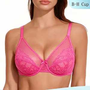 【Maywind】 Women's Minimizer Push Up Bra, Plus Size Full Coverage Underwire Lifting Floral Lace-Trim Combo Everyday Bra for Heavy Breasts (38DD), Comfortable Stylish Fit, Summer Vibes Holiday Gift, Plussize Elegant Overall