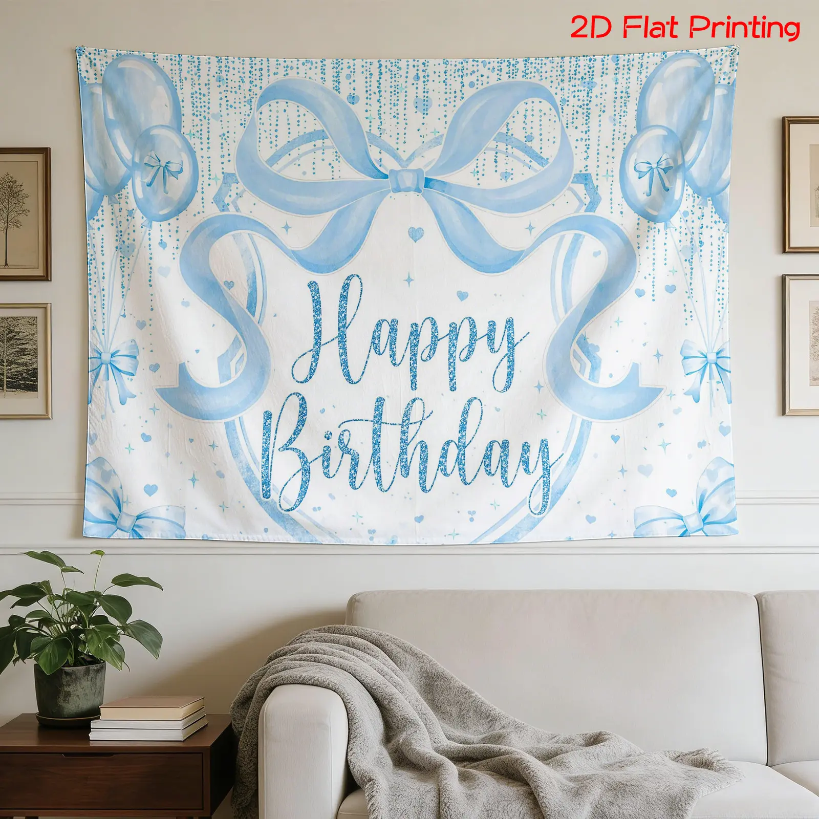 High Definition Digital 2D Flat Print Tapestry - Blue Balloons & Ribbon Design, Birthday Celebration Theme, Holiday Gift, Home Decor, Room Art, Decor Inspo, Party Backdrop