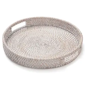 Round Rattan Tray, Decorative Coffee Table, Woven, Wicker Basket, Whitewash